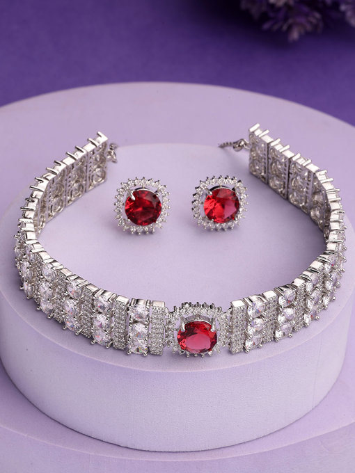 Sukkhi Red Cherry Stylish Rhodium Plated Cubic Zirconia Studded Brass Choker Necklace with Studs Earrings Jewellery Set for Women