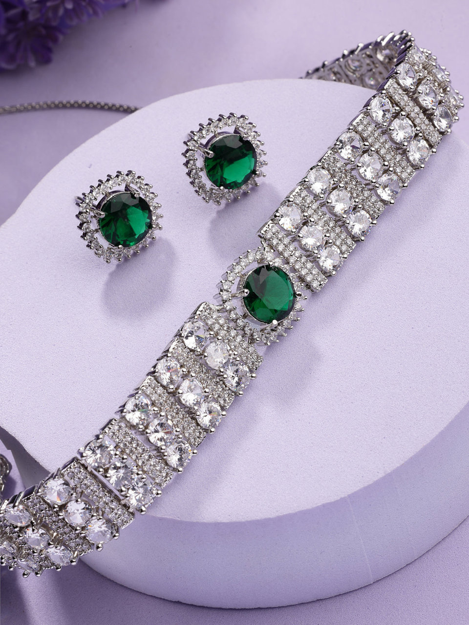 Sukkhi Delicate Fashionable Design Rhodium Plated Cubic Zirconia Studded Emerald Green Brass Choker Necklace with Studs Earrings Jewellery Set for Women