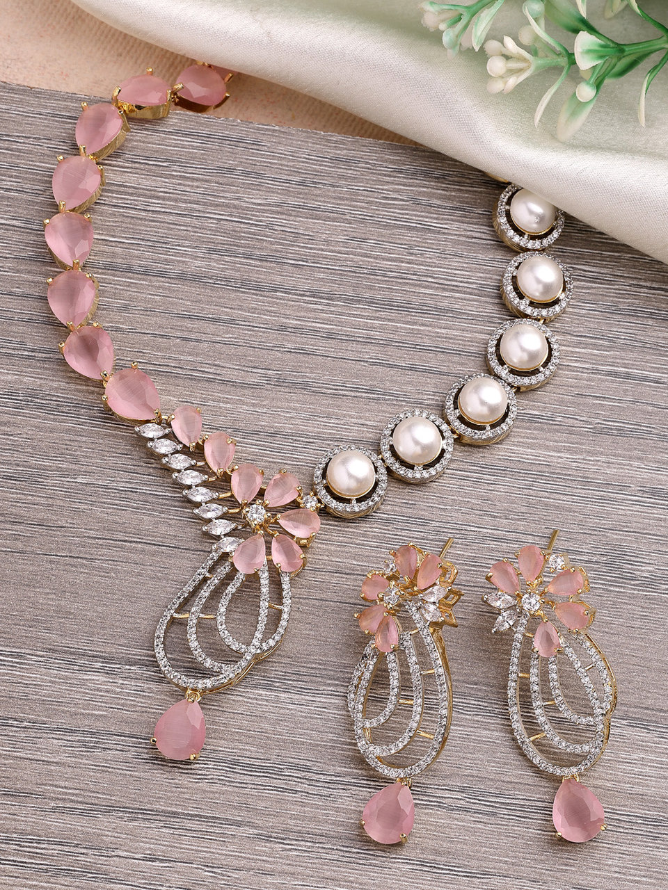 Sukkhi Pretty Pink Tear Drop Round Design Gold Plated Cubic Zirconia & Pearl Studded Brass Collar Necklace with Drop Earrings Jewellery Set for Women