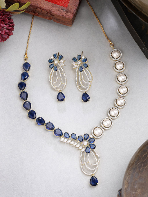 Sukkhi Unique Tear Drop Round Design Gold Plated Cubic Zirconia & Pearl Studded Blue Brass Collar Necklace with Drop Earrings Jewellery Set for Women