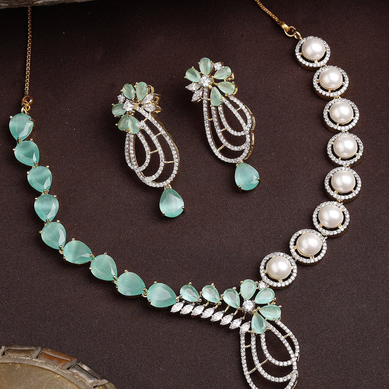 Sukkhi Seaside Tear Drop Round Design Gold Plated CZ & Pearl Studded Mint Green Brass Collar Necklace & Drop Earrings Jewellery Set for Women