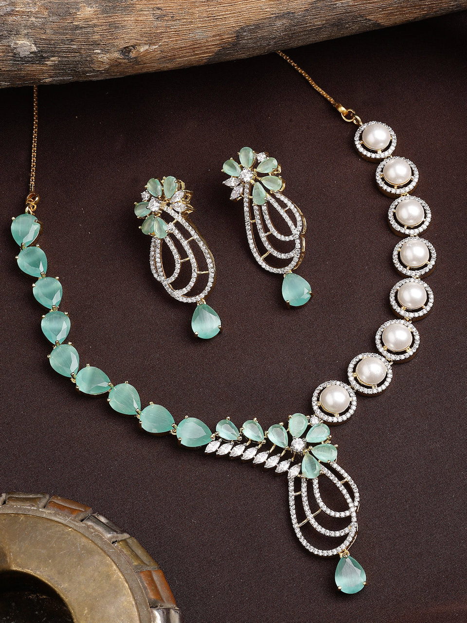 Sukkhi Seaside Tear Drop Round Design Gold Plated CZ & Pearl Studded Mint Green Brass Collar Necklace & Drop Earrings Jewellery Set for Women