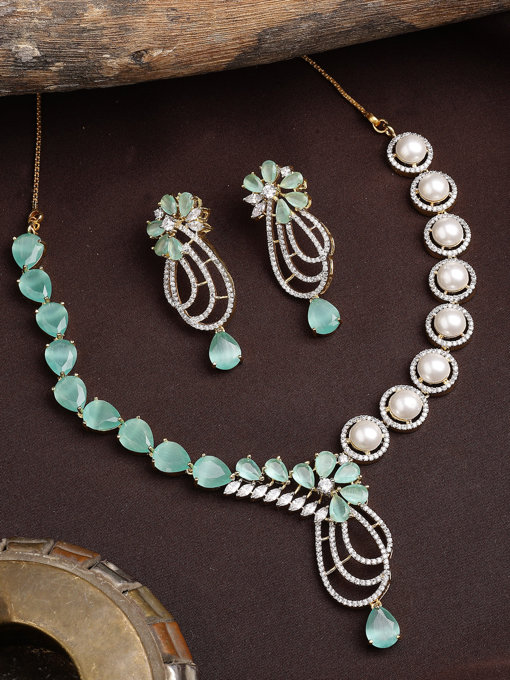 Sukkhi Seaside Tear Drop Round Design Gold Plated CZ & Pearl Studded Mint Green Brass Collar Necklace & Drop Earrings Jewellery Set for Women