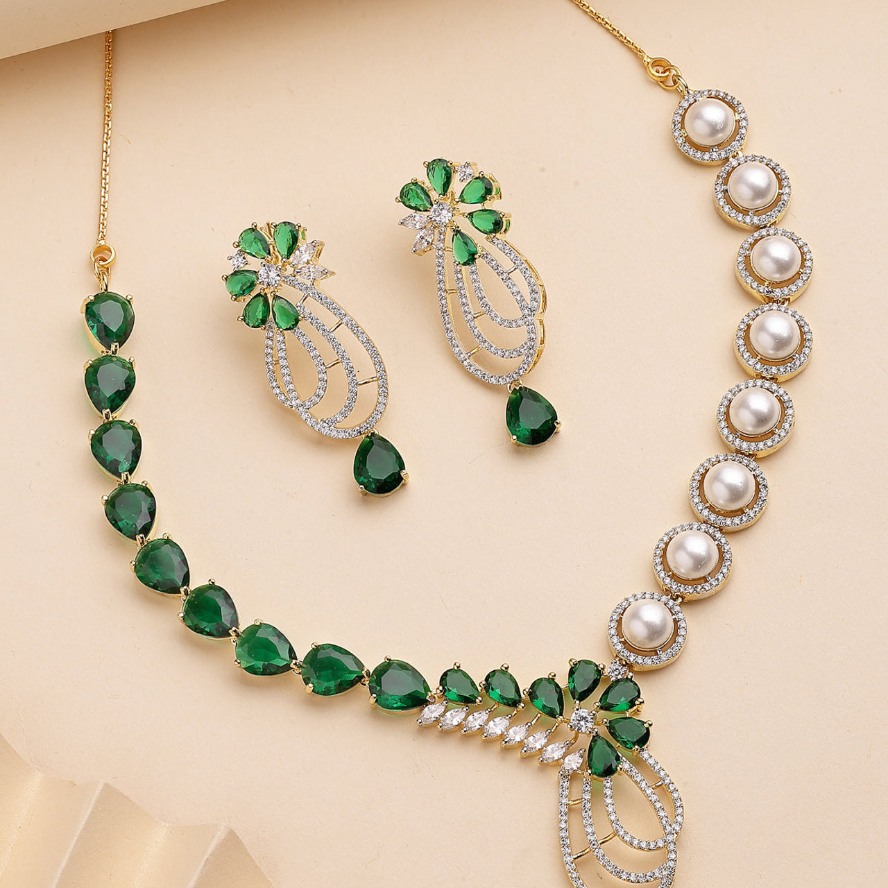 Sukkhi Creative Tear Drop Round Design Gold Plated Cubic Zirconia & Pearl Studded Green Brass Collar Necklace & Drop Earrings Jewellery Set for Women