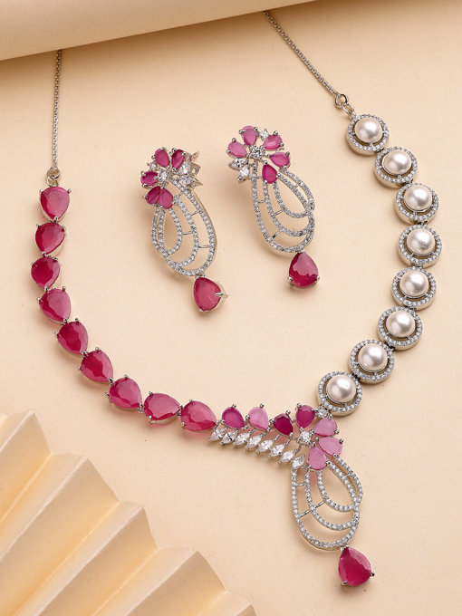 Sukkhi Red Cherry Tear Drop Round Design Rhodium Plated Cubic Zirconia & Pearl Studded Brass Collar Necklace with Drop Earrings Jewellery Set for Women