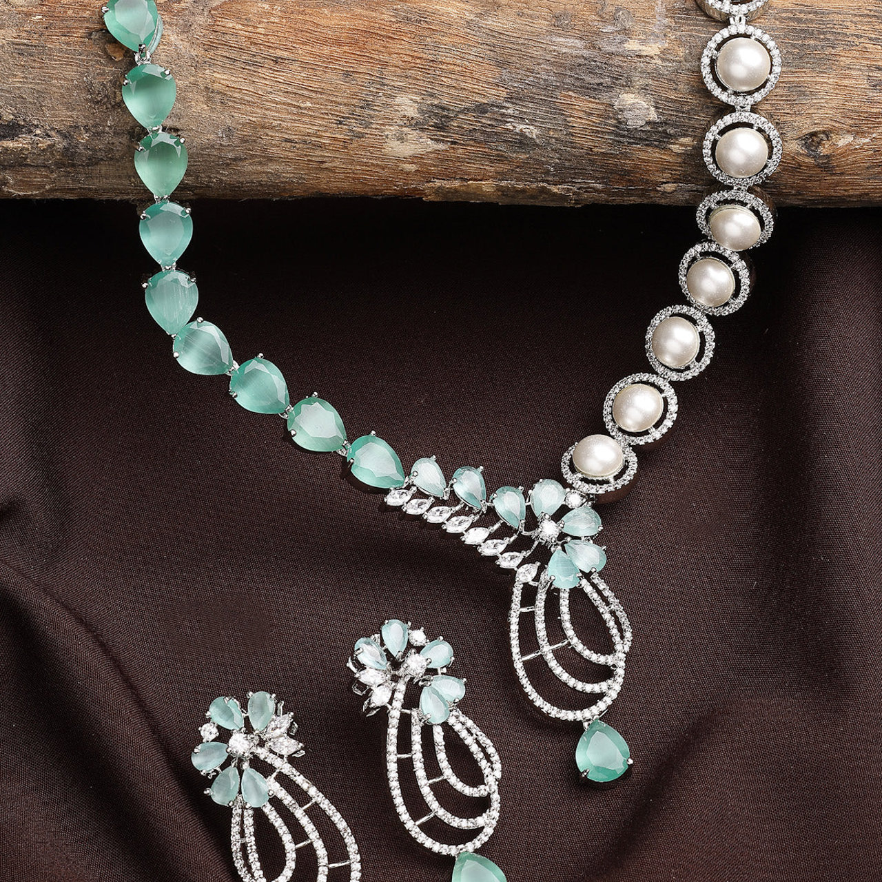 Sukkhi Stylish Tear Drop Round Design Rhodium Plated CZ & Pearl Studded Mint Green Brass Collar Necklace & Drop Earrings Jewellery Set for Women