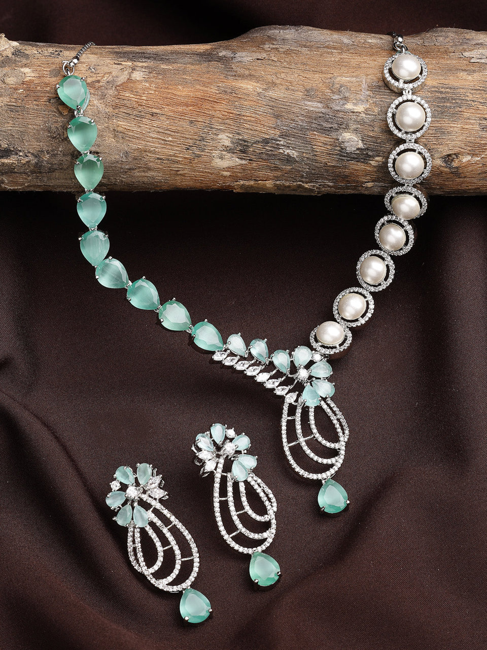 Sukkhi Stylish Tear Drop Round Design Rhodium Plated CZ & Pearl Studded Mint Green Brass Collar Necklace & Drop Earrings Jewellery Set for Women