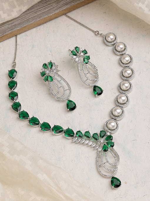 Sukkhi Designer Tear Drop Round Design Rhodium Plated Cubic Zirconia & Pearl Studded Green Brass Collar Necklace & Drop Earrings Jewellery Set for Women