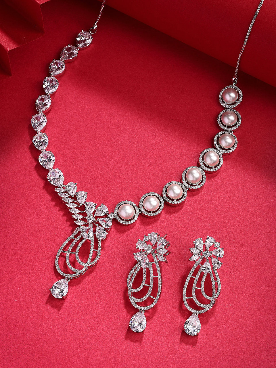 Sukkhi Delicate Tear Drop Round Design Rhodium Plated Cubic Zirconia & Pearl Studded White Brass Collar Necklace & Drop Earrings Jewellery Set for Women