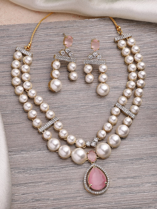 Sukkhi Beautiful Pink Pear Design Gold Plated Cubic Zirconia & Pearl Studded Brass Two Layered Collar Necklace & Drop Earrings Jewellery Set for Women