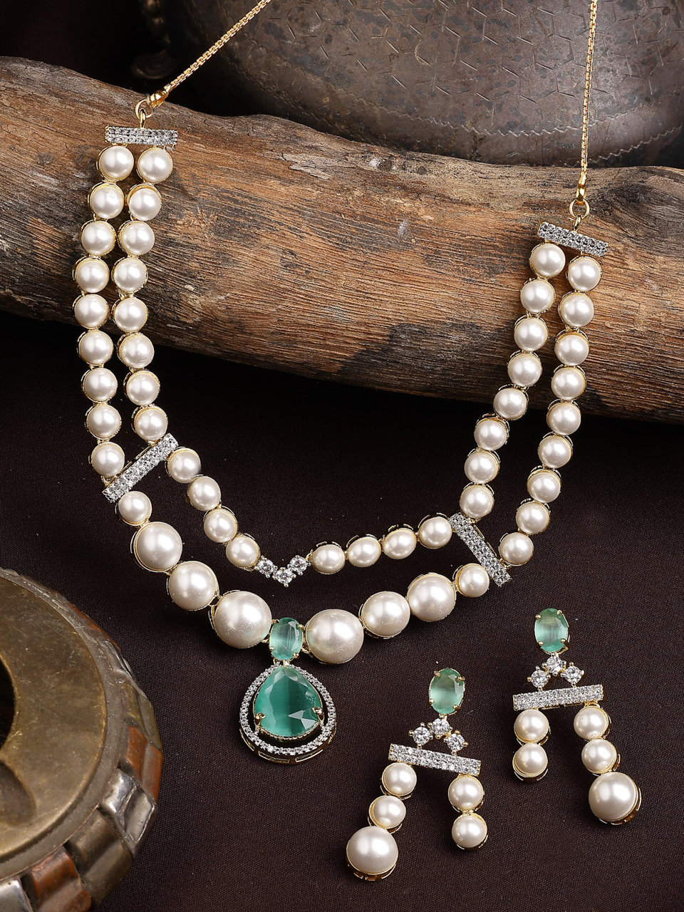 Sukkhi Incredible Pear Design & Gold Plated CZ & Pearl Studded Mint Green Brass Two Layered Collar Necklace with Drop Earrings Jewellery Set for Women