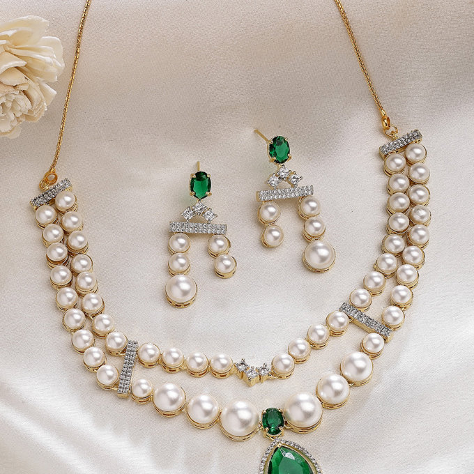 Sukkhi Iconic Pear Design Gold Plated with CZ & Pearl Studded Green Brass Two Layered Collar Necklace with Drop Earrings Jewellery Set for Women