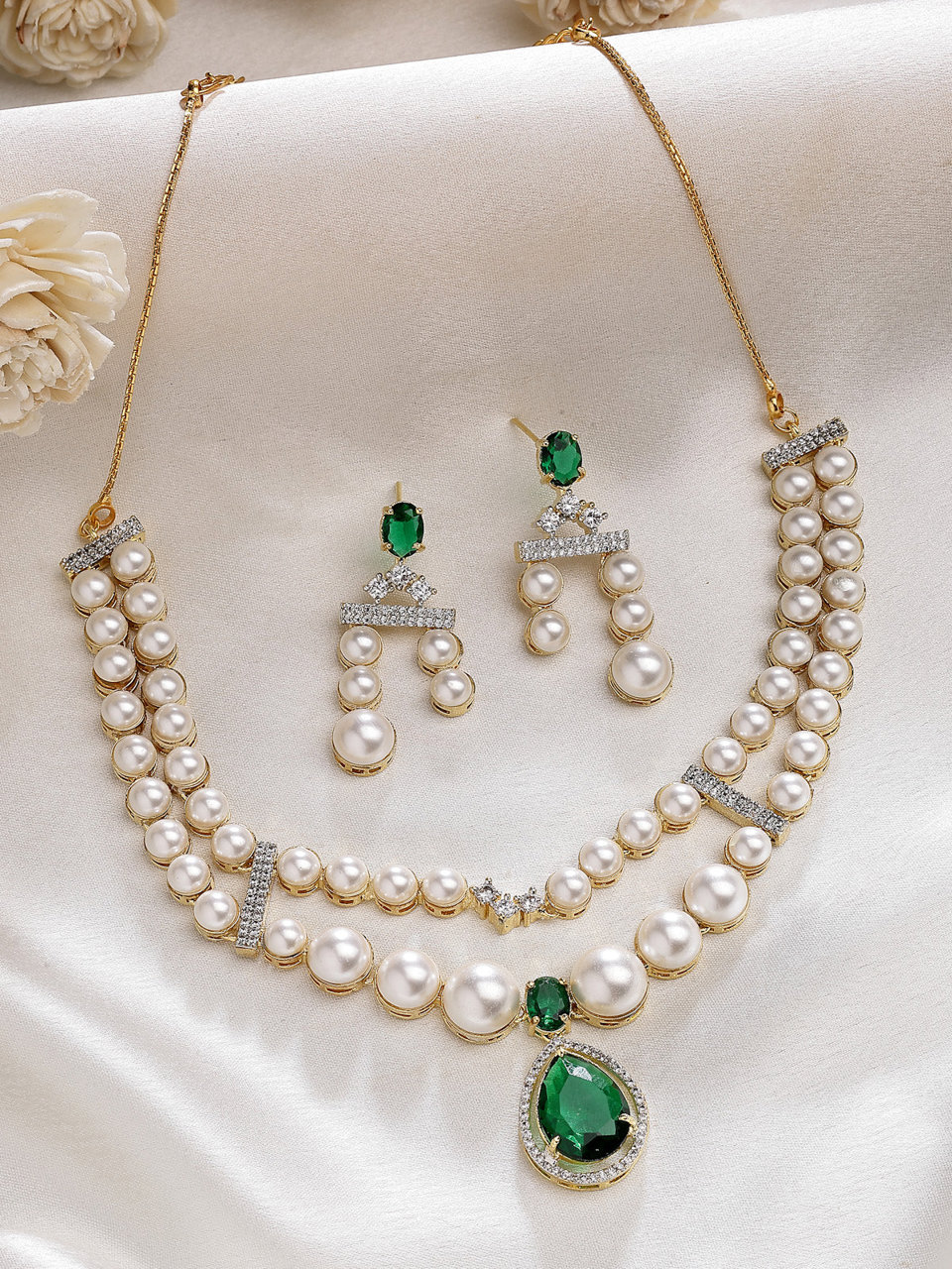 Sukkhi Iconic Pear Design Gold Plated with CZ & Pearl Studded Green Brass Two Layered Collar Necklace with Drop Earrings Jewellery Set for Women