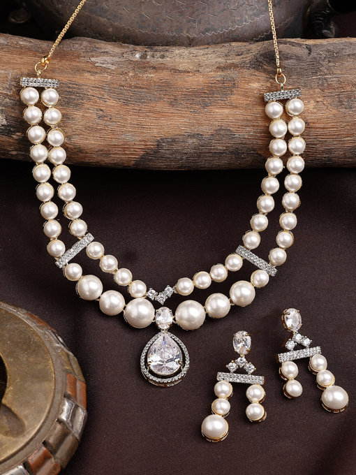 Sukkhi Awesome Stylish Pear Design Gold Plated with CZ & Pearl Studded White Brass Two Layered Collar Necklace & Drop Earrings Jewellery Set for Women