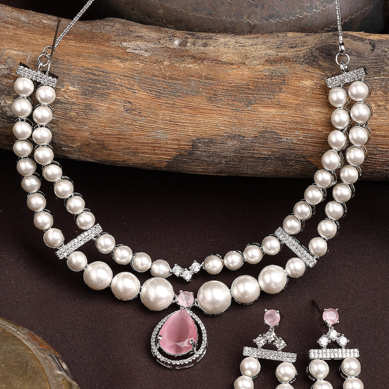 Sukkhi lovely Pink Pear Design Rhodium Plated with CZ & Pearl Studded Brass Two Layered Collar Necklace with Drop Earrings Jewellery Set for Women