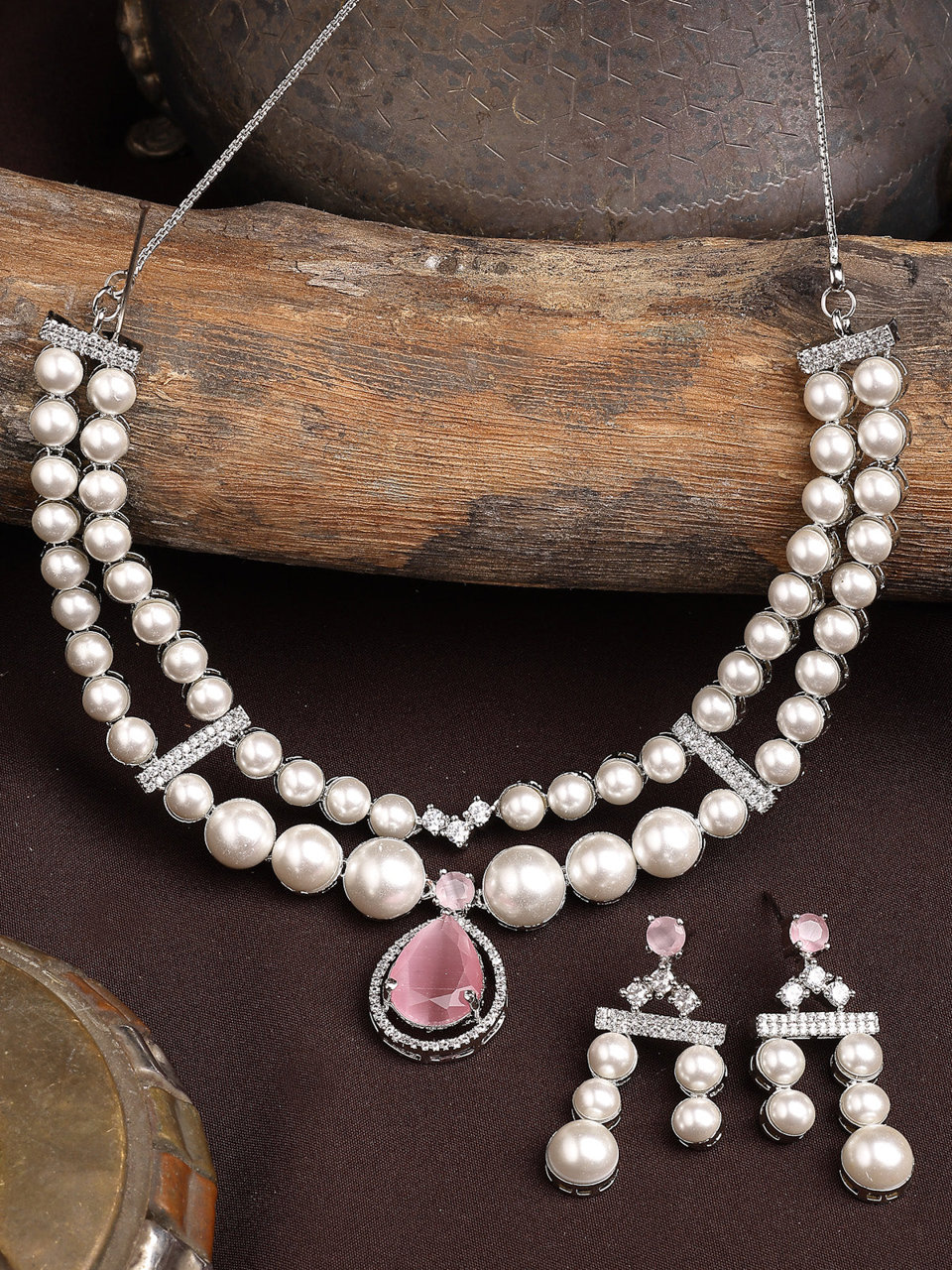 Sukkhi lovely Pink Pear Design Rhodium Plated with CZ & Pearl Studded Brass Two Layered Collar Necklace with Drop Earrings Jewellery Set for Women