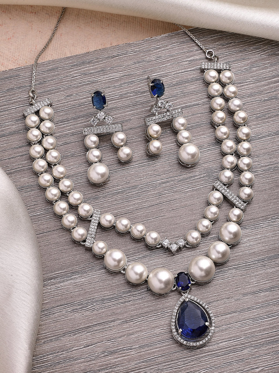 Sukkhi Vintage Pear Design Rhodium Plated with CZ & Pearl Studded Brass Silver Blue Two Layered Collar Necklace & Drop Earrings Jewellery Set for Women