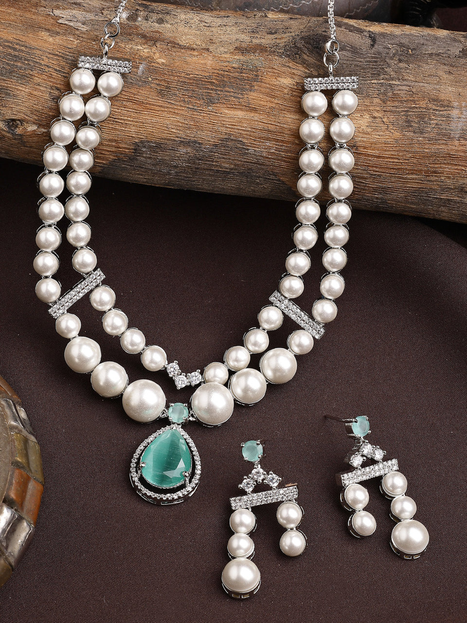 Sukkhi Seaside Pear Design Rhodium Plated with CZ & Pearl Studded Brass Mint Green Two Layered Collar Necklace & Drop Earrings Jewellery Set for Women