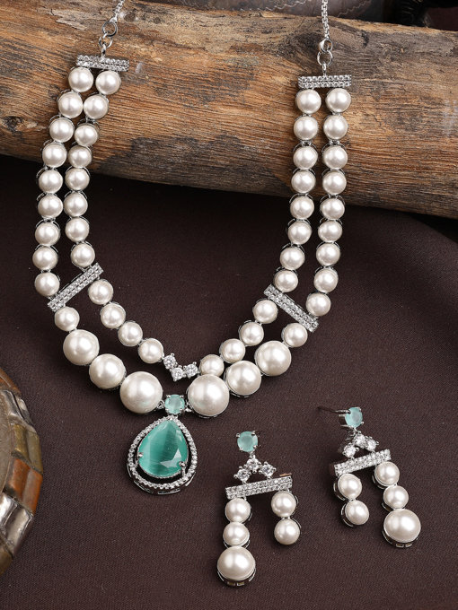 Sukkhi Seaside Pear Design Rhodium Plated with CZ & Pearl Studded Brass Mint Green Two Layered Collar Necklace & Drop Earrings Jewellery Set for Women