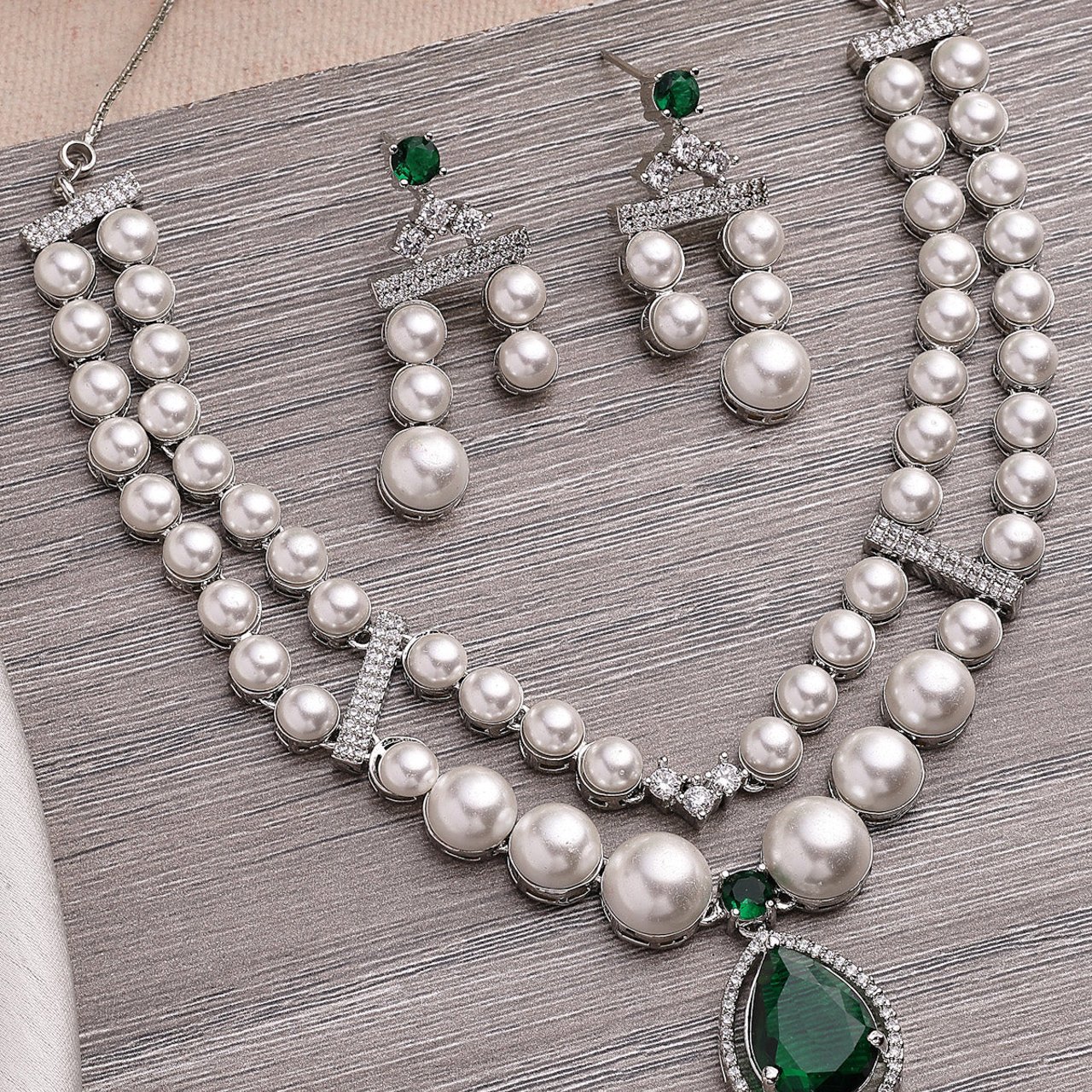 Sukkhi Elegant Green Pear Design Rhodium Plated with CZ & Pearl Studded Brass Two Layered Collar Necklace with Drop Earrings Jewellery Set for Women