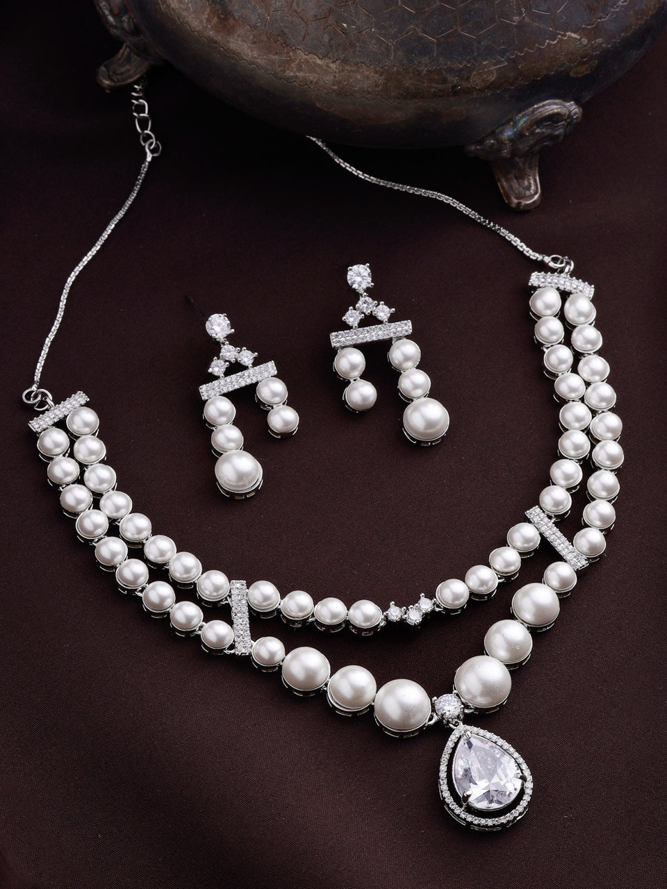 Sukkhi Classic Pear Design Rhodium Plated with CZ & Pearl Studded Brass White Two Layered Collar Necklace with Drop Earrings Jewellery Set for Women