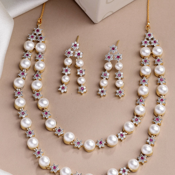 Sukkhi Beautiful Red Floral Design Gold Plated with CZ & Pearl Studded Brass Two Layered Collar Necklace with Drop Earrings Jewellery Set for Women