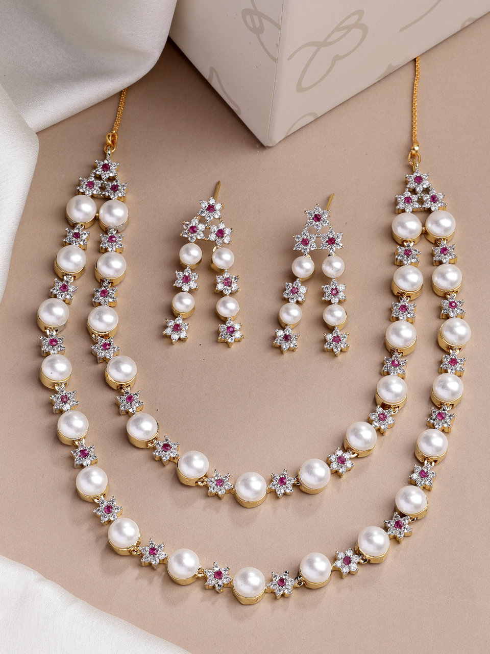 Sukkhi Beautiful Red Floral Design Gold Plated with CZ & Pearl Studded Brass Two Layered Collar Necklace with Drop Earrings Jewellery Set for Women
