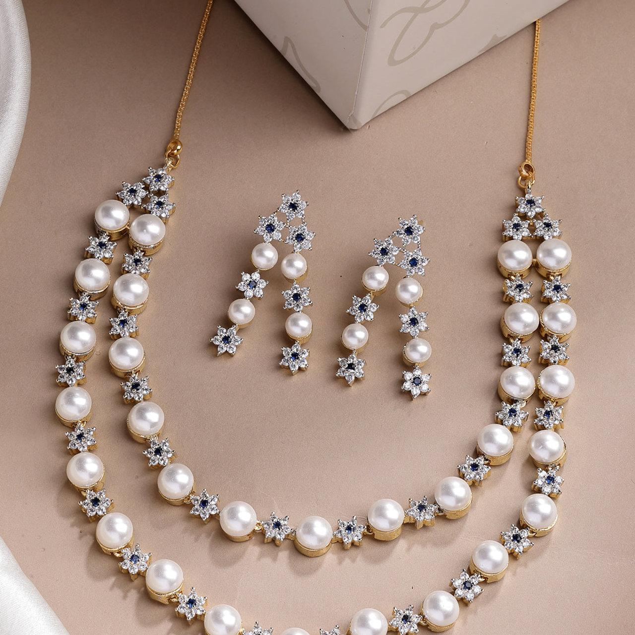 Sukkhi Elegant Blue Floral Design Gold Plated with CZ & Pearl Studded Brass Two Layered Collar Necklace with Drop Earrings Jewellery Set for Women
