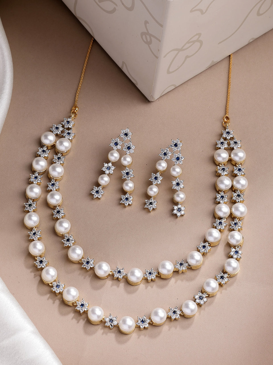 Sukkhi Elegant Blue Floral Design Gold Plated with CZ & Pearl Studded Brass Two Layered Collar Necklace with Drop Earrings Jewellery Set for Women