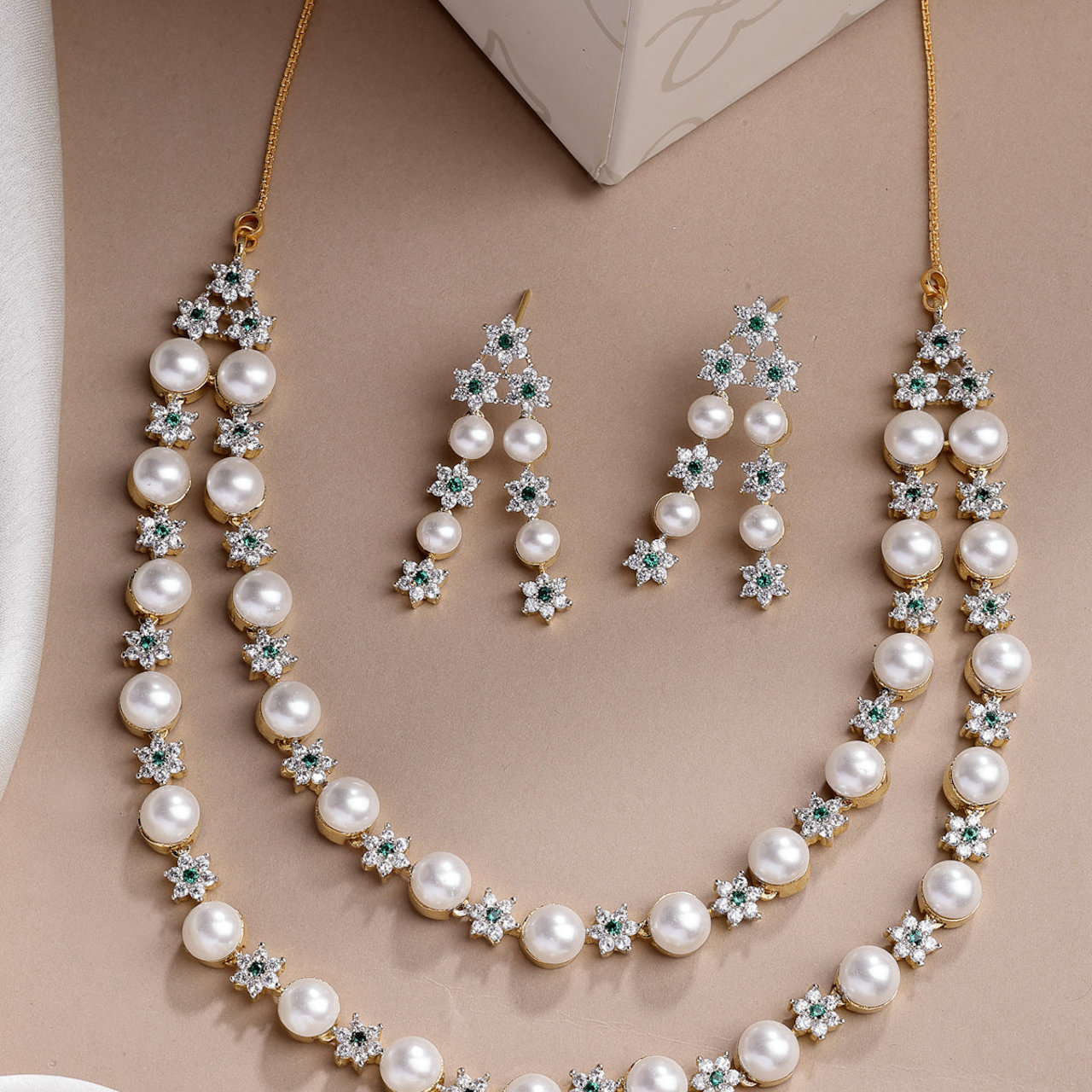 Sukkhi Delicate Floral Design Gold Plated with CZ & Pearl Studded Green Brass Two Layered Collar Necklace with Drop Earrings Jewellery Set for Women