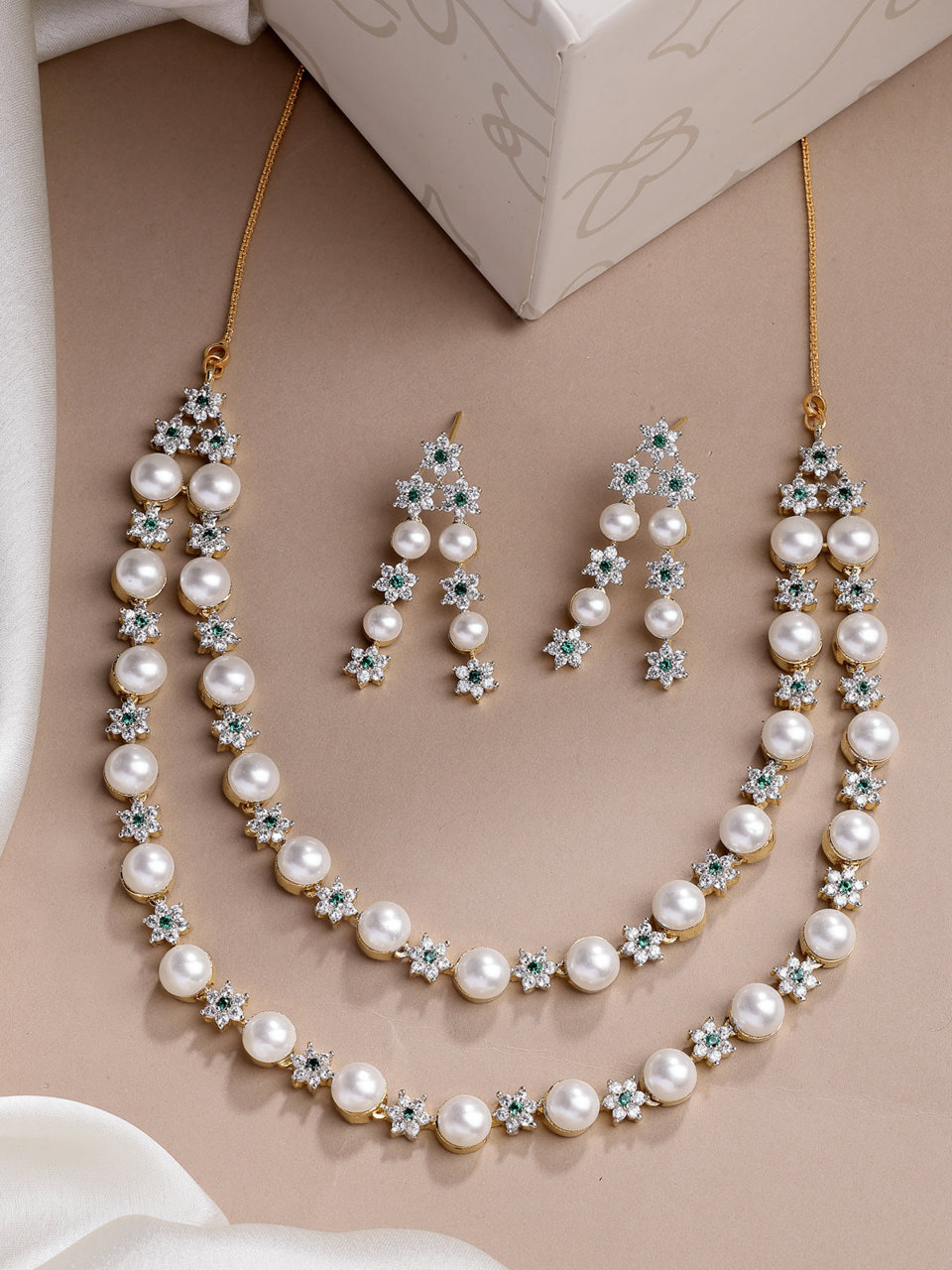 Sukkhi Delicate Floral Design Gold Plated with CZ & Pearl Studded Green Brass Two Layered Collar Necklace with Drop Earrings Jewellery Set for Women
