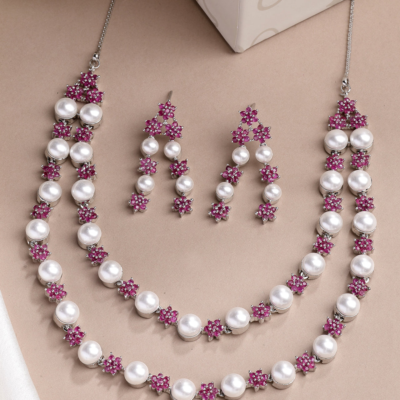 Sukkhi Lovely Red Floral Design Rhodium Plated with CZ & Pearl Studded Brass Two Layered Collar Necklace with Drop Earrings Jewellery Set for Women