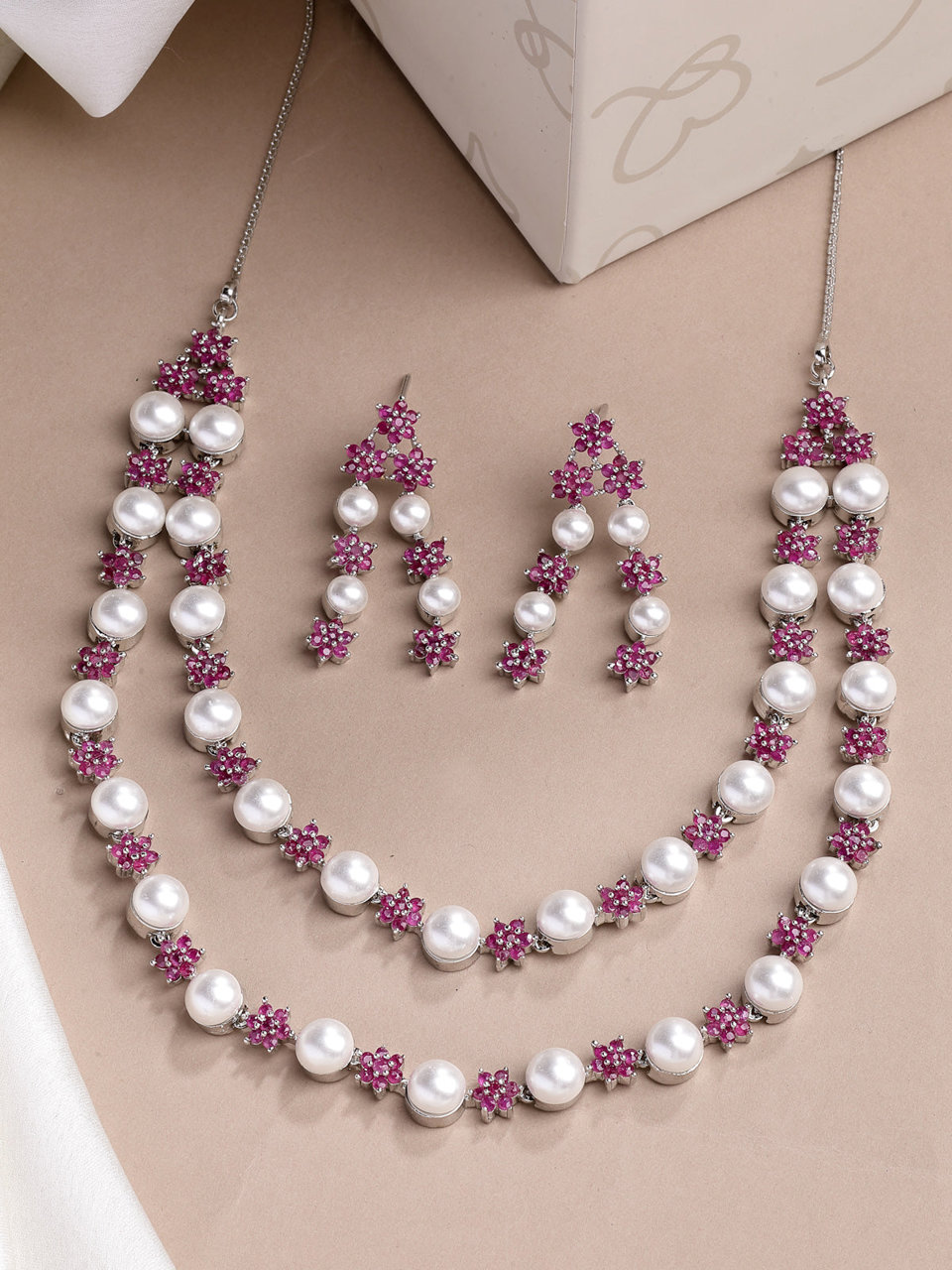 Sukkhi Lovely Red Floral Design Rhodium Plated with CZ & Pearl Studded Brass Two Layered Collar Necklace with Drop Earrings Jewellery Set for Women
