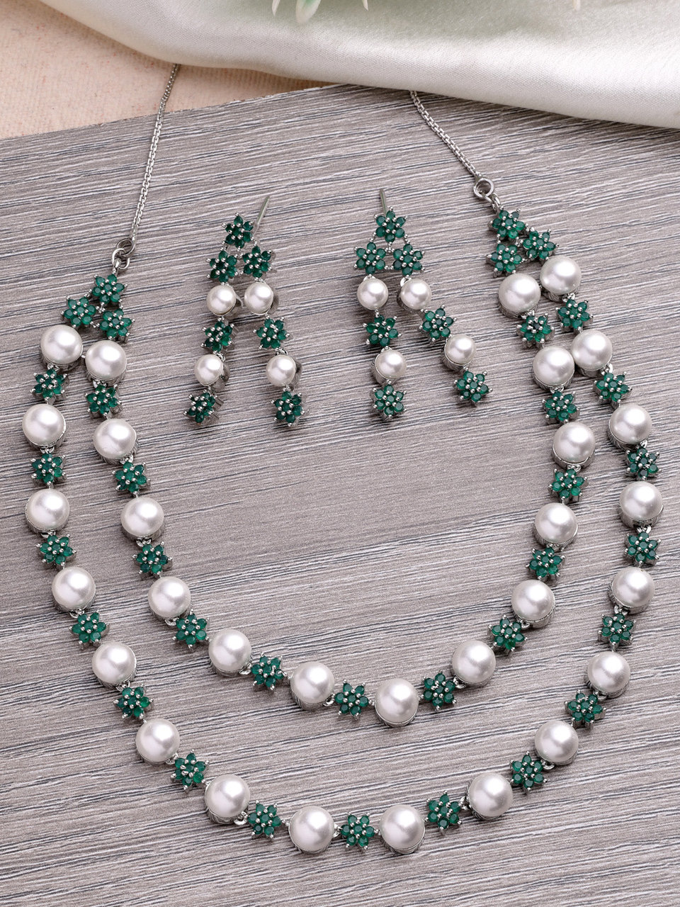 Sukkhi Floral Design Rhodium Plated with CZ & Pearl Studded Brass Emerald Green Two Layered Collar Necklace with Drop Earrings Jewellery Set for Women
