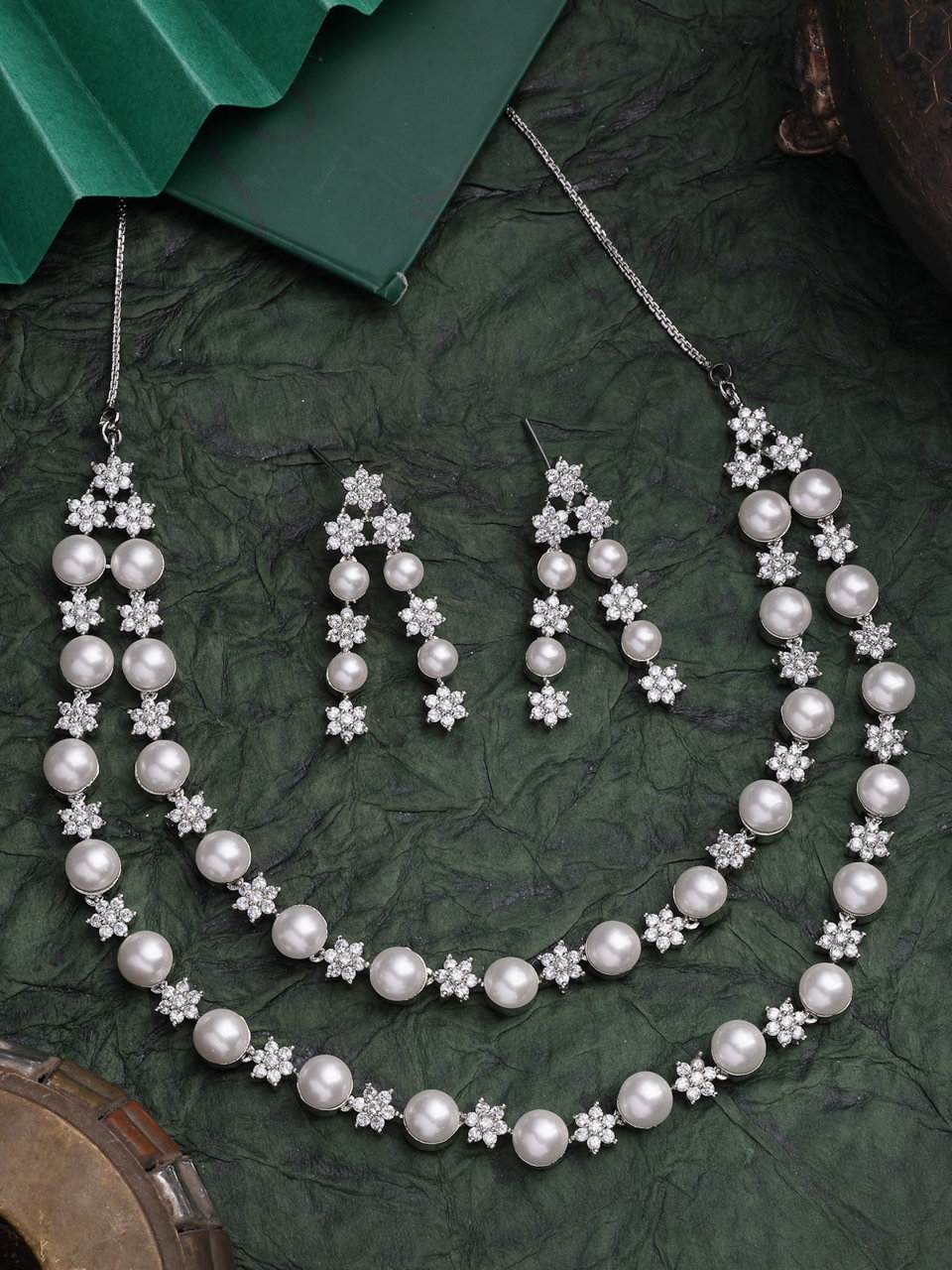 Sukkhi Iconic Floral Design Rhodium Plated with CZ & Pearl Studded Brass White Two Layered Collar Necklace with Drop Earrings Jewellery Set for Women