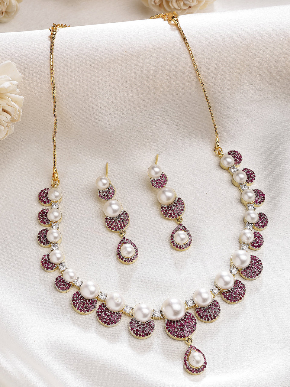 Sukkhi Sparkling Round Design Gold Plated with Cubic Zirconia & Pearl Studded Red Brass Collar Necklace with Drop Earrings Jewellery Set for Women