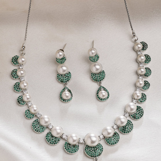 Sukkhi Charming Round Design Rhodium Plated with Cubic Zirconia & Pearl Studded Green Brass Collar Necklace with Drop Earrings Jewellery Set for Women