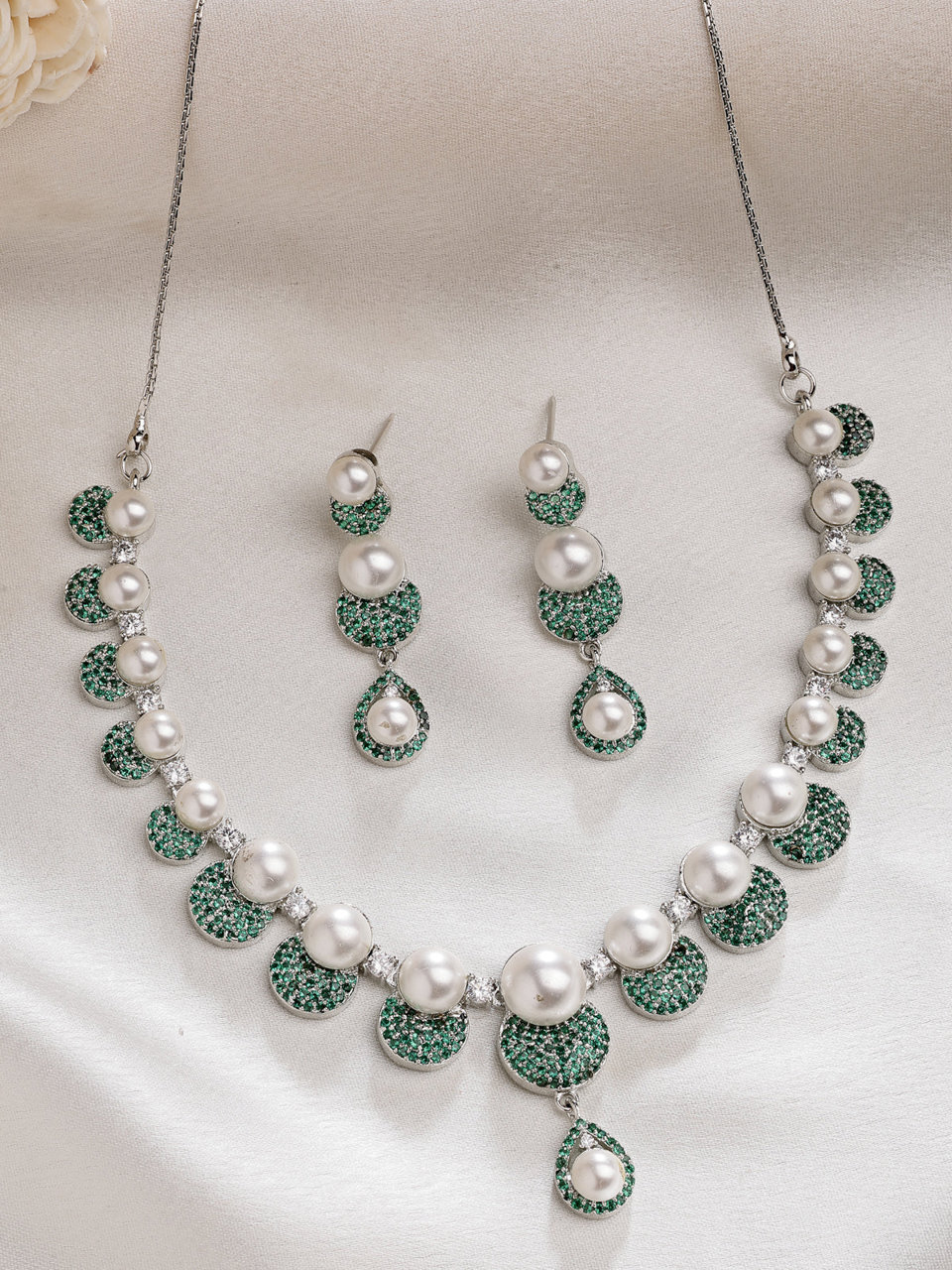 Sukkhi Charming Round Design Rhodium Plated with Cubic Zirconia & Pearl Studded Green Brass Collar Necklace with Drop Earrings Jewellery Set for Women
