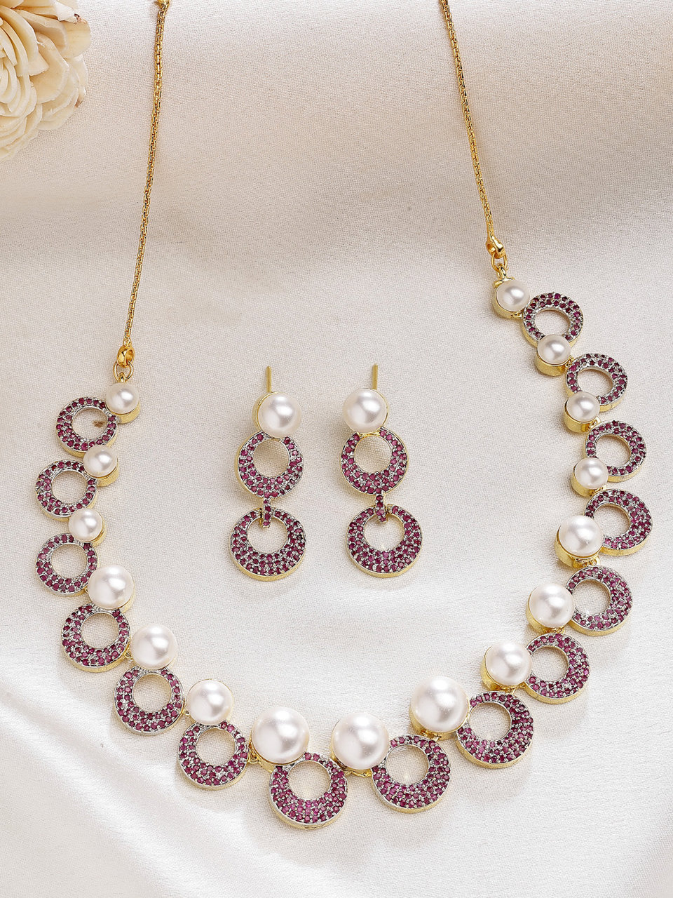 Sukkhi Bewitching Round Design Gold Plated with Cubic Zirconia & Pearl Studded Red Brass Collar Necklace with Drop Earrings Jewellery Set for Women