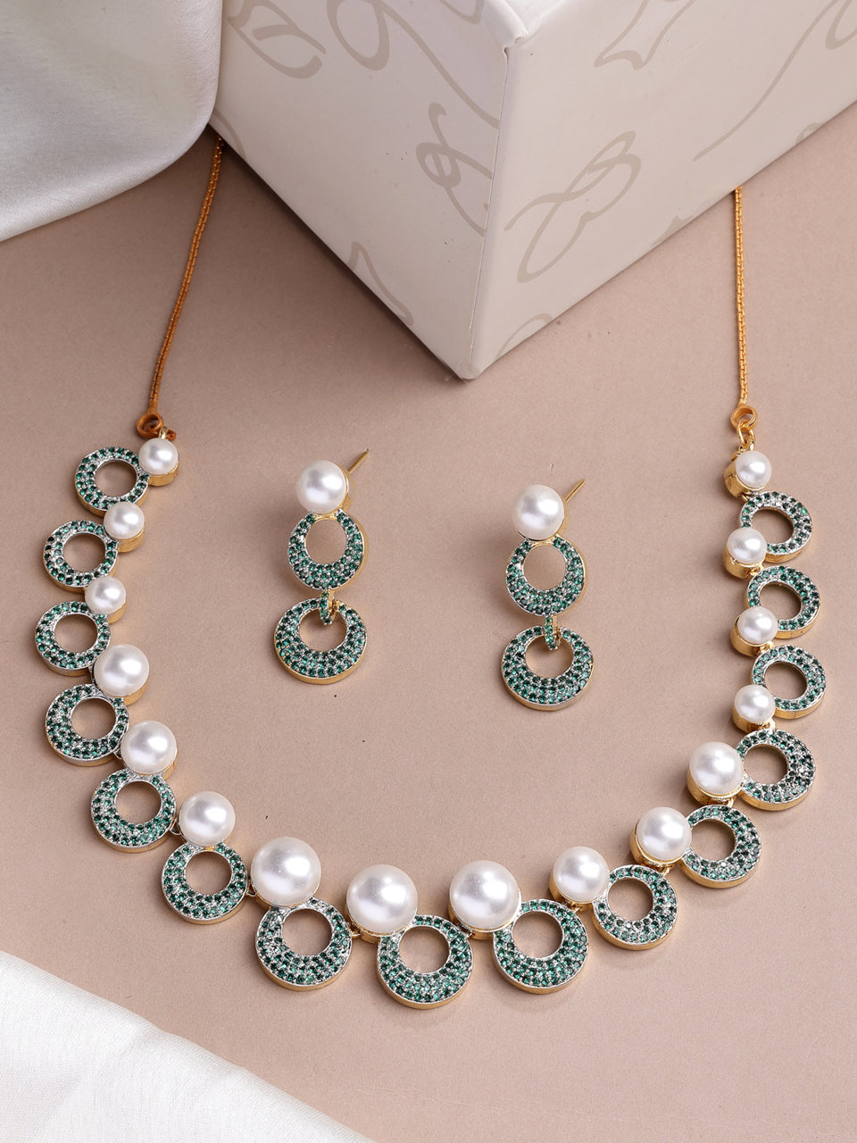 Sukkhi Ornamental Round Design Gold Plated with Cubic Zirconia & Pearl Studded Green Brass Collar Necklace with Drop Earrings Jewellery Set for Women