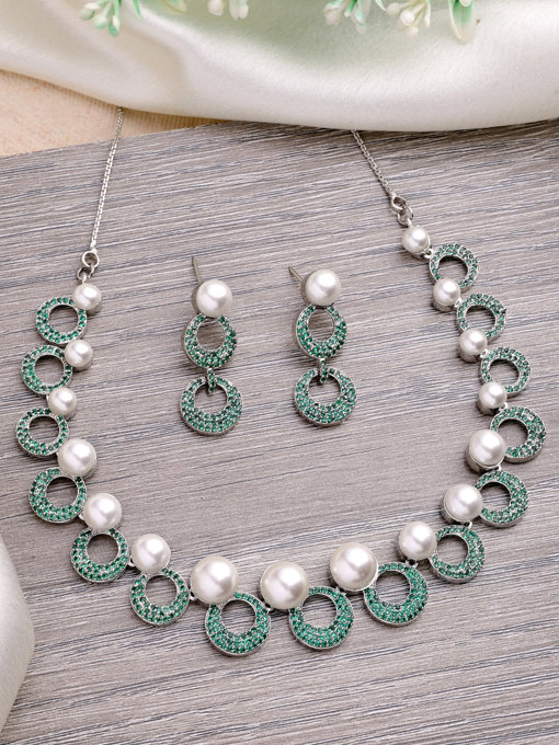 Sukkhi Classy Style Rhodium Plated with Cubic Zirconia & Pearl Studded Green Brass Collar Necklace with Drop Earrings Jewellery Set for Women