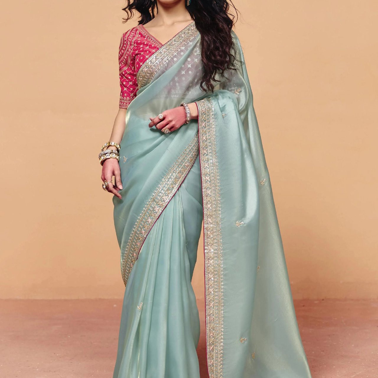 Aquatic Blue Embroidered Designer Tissue Saree