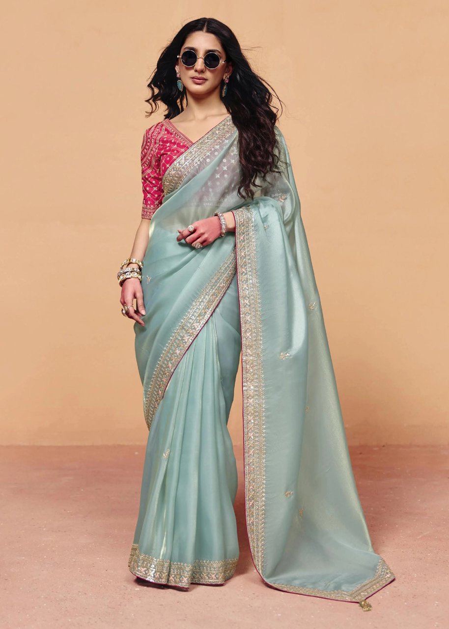 Aquatic Blue Embroidered Designer Tissue Saree