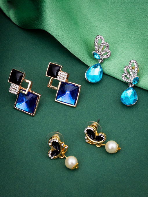Sukkhi Amazing Gold and Rhodium Plated Crystals from Swarovski Dangle Pair of 3 Earring Combo For Women