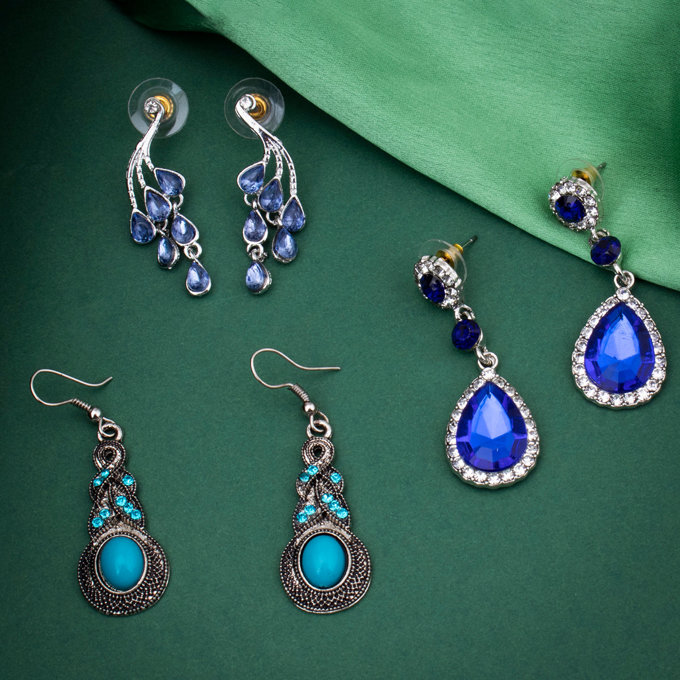 Sukkhi Glorious Rhodium Plated Crystals from Swarovski Dangle Pair of 3 Earring Combo For Women