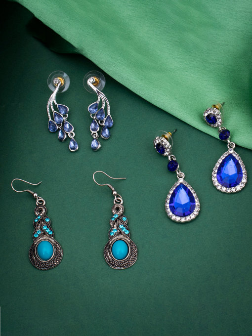 Sukkhi Glorious Rhodium Plated Crystals from Swarovski Dangle Pair of 3 Earring Combo For Women