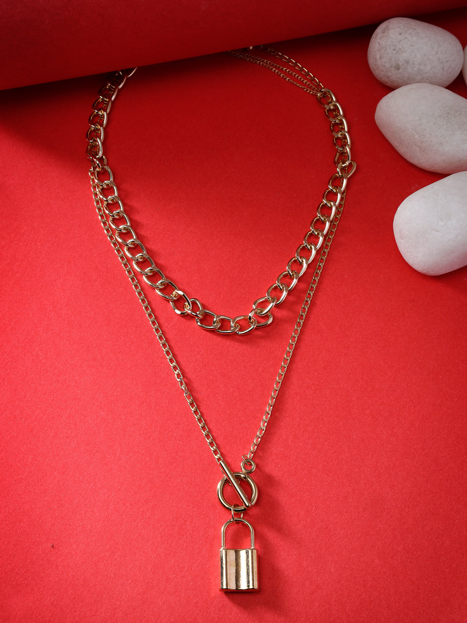 Scintillare by Sukkhi Stylish Gold Plated 2 Layered Chunky Lock Pendant Necklace for Women & Girls