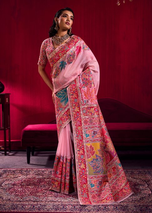 Aurora Pink Woven Cotton Kashmiri Jamewar Saree