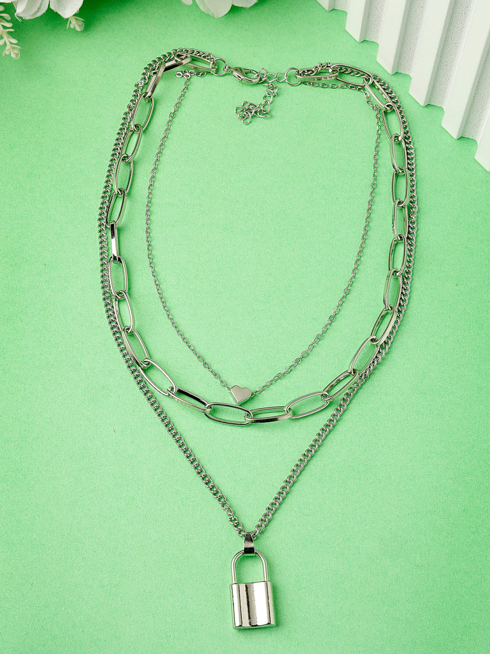 Scintillare by Sukkhi Western Style Rhodium Plated Silver Heart Lock Pendant Necklace for Women & Girls