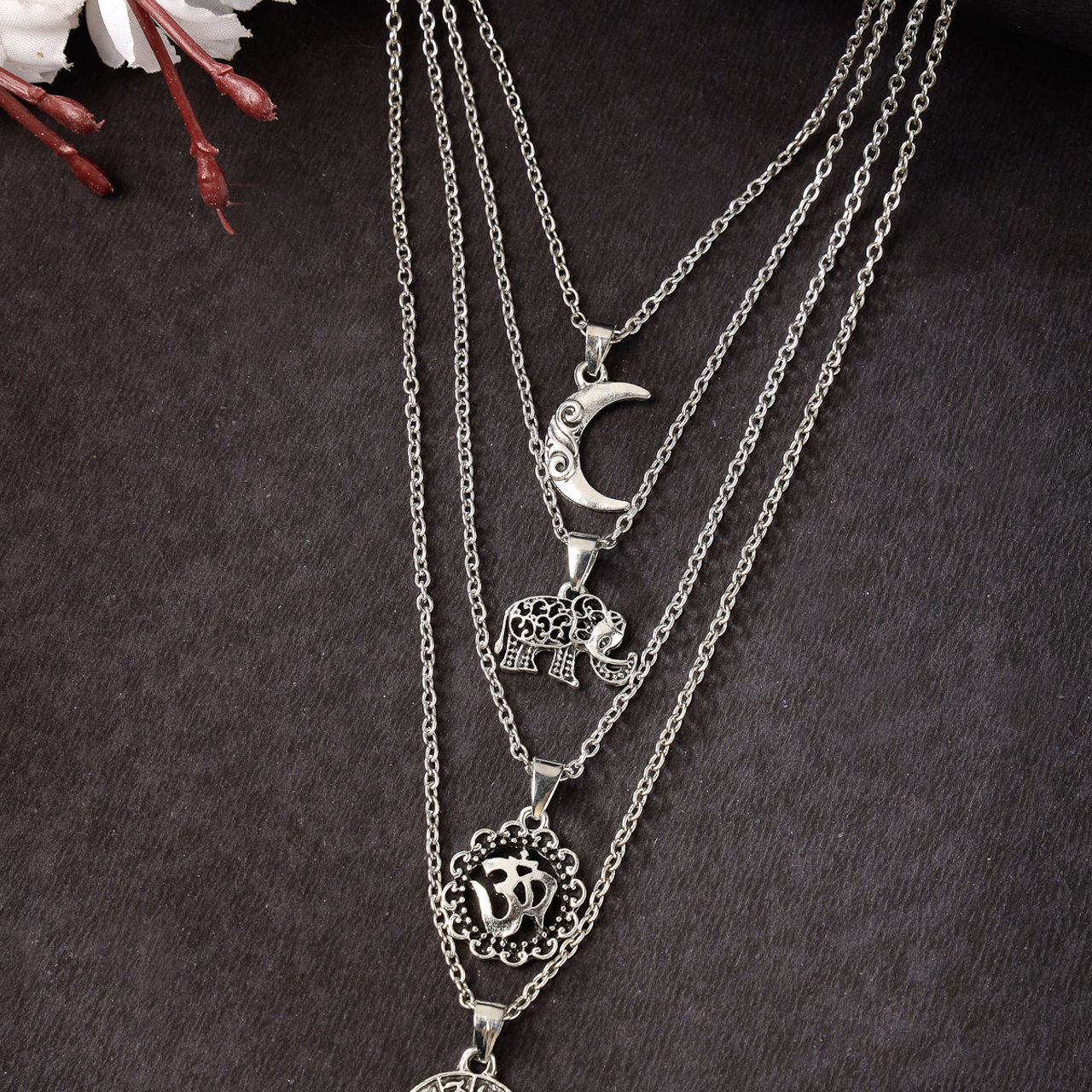 Scintillare by Sukkhi Impressive Multistyle 4 Layered Rhodium Plated Silver Oxidised Pendant Necklace for Women & Girls